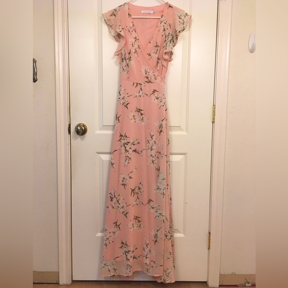Light Pink Floral Full-Length Wrap Dress